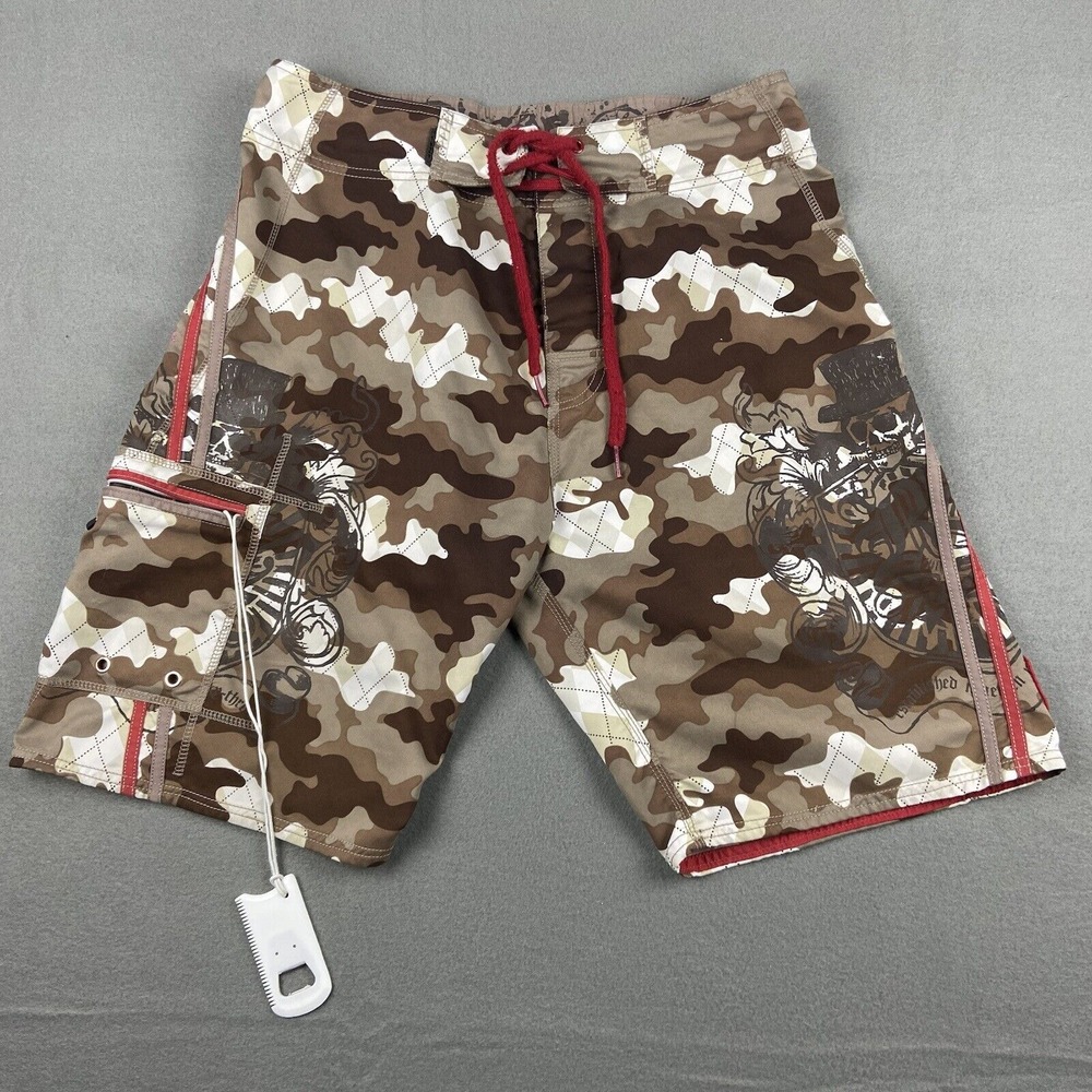 Ripzone Men's Board Swim Shorts‎ Trunks Brown inseam 10in skull Star Size 34 Y2K
